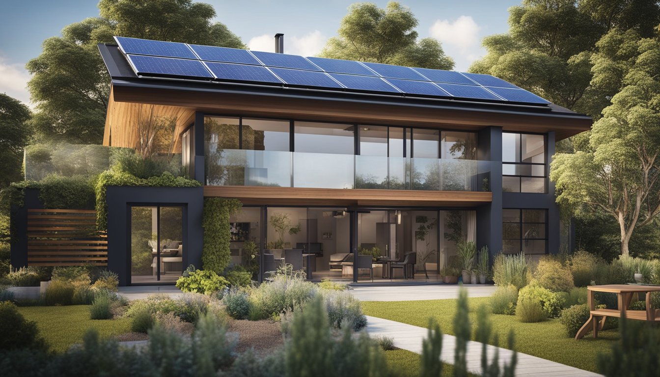 A modern, eco-friendly home with solar panels, efficient appliances, and smart technology. A garden with native plants and a rainwater collection system