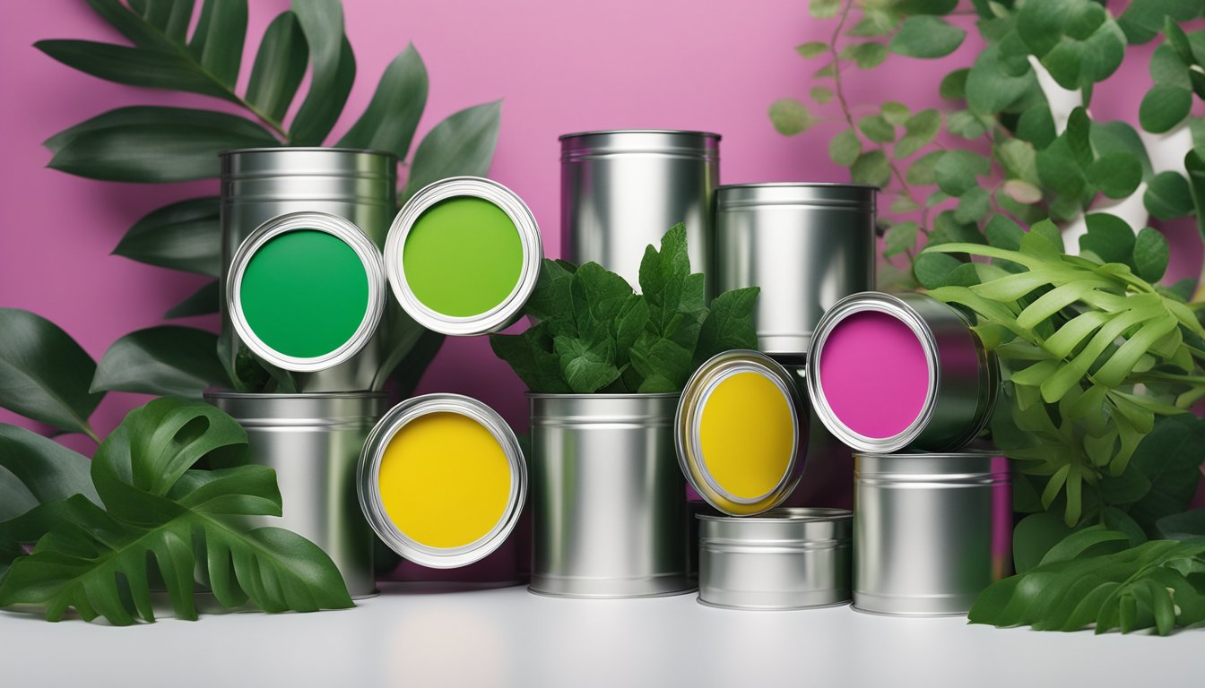 Vibrant plant-based paint cans surrounded by lush greenery and clean, modern design elements