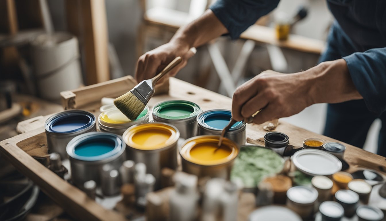 A painter using eco-friendly paint on a canvas, surrounded by sustainable painting tools and materials