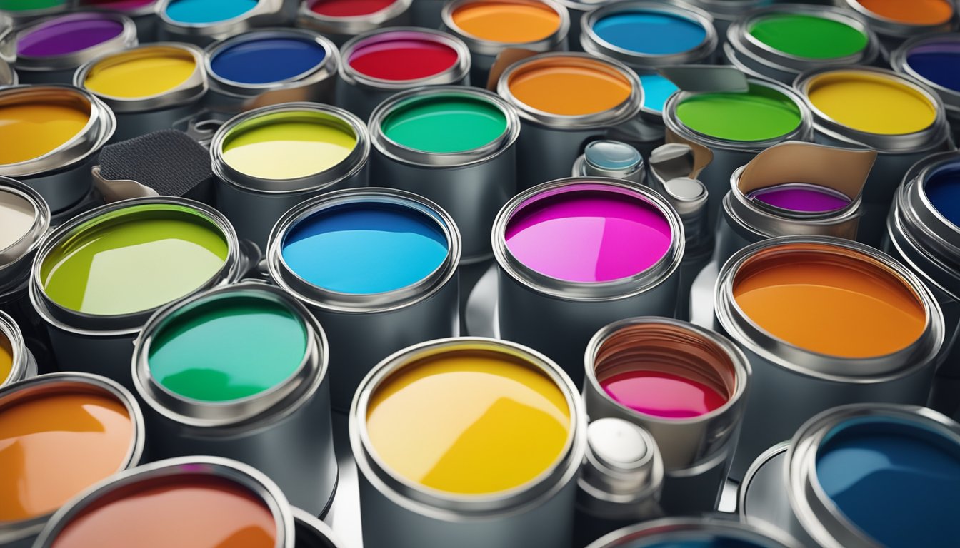 A colorful palette of eco-friendly paint cans arranged in a modern, minimalist display. Bright, vibrant colors catch the eye, showcasing innovative paint solutions