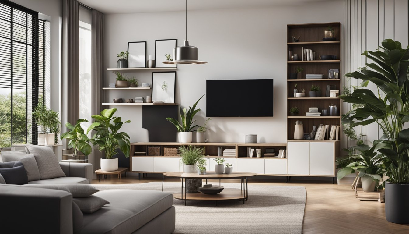 A cozy living room with minimalist furniture, natural light, and potted plants. A sleek kitchen with stainless steel appliances and open shelving