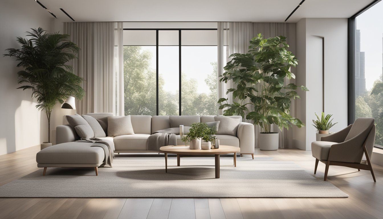 A sleek, minimalist living room with clean lines, neutral colors, and multi-functional furniture. Large windows allow natural light to fill the space, and indoor plants add a touch of nature