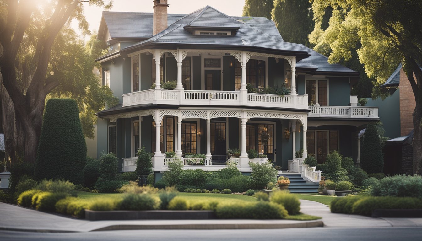 A heritage home with modern energy-efficient upgrades, surrounded by traditional architecture and vintage landscaping