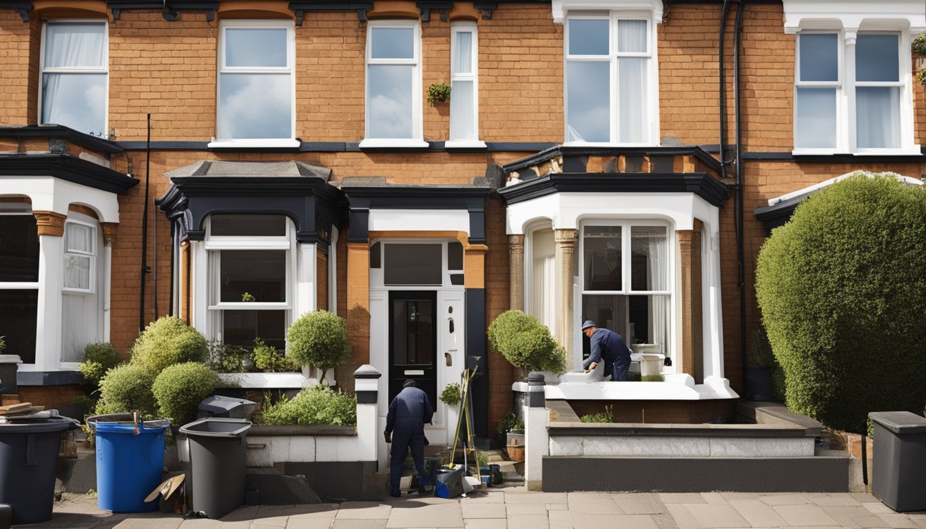 A Victorian terraced house being renovated, with workers painting, restoring windows, and landscaping the front garden