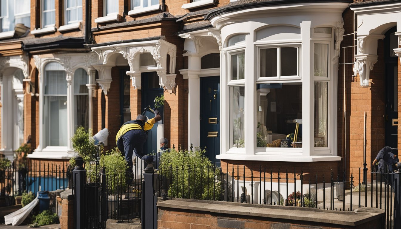 A Victorian terraced house being renovated, with workers painting, repairing, and updating the exterior and interior