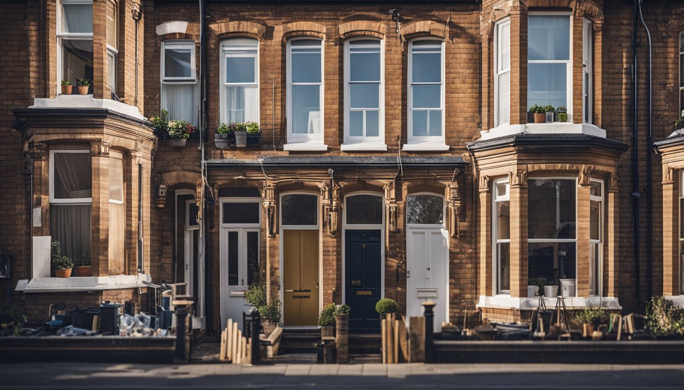 A Victorian terraced house with a renovation in progress, featuring workers, tools, and materials