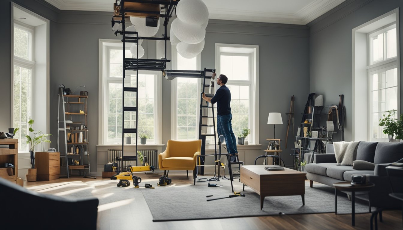 A spacious, well-lit living room with furniture covered in plastic, a ladder, tools, and safety equipment scattered around. A contractor measures the space for a renovation