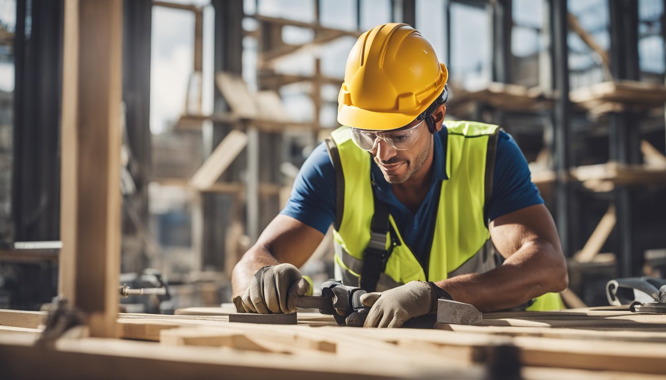 A construction worker wearing a hard hat and safety gear renovating a house with modern tools and techniques