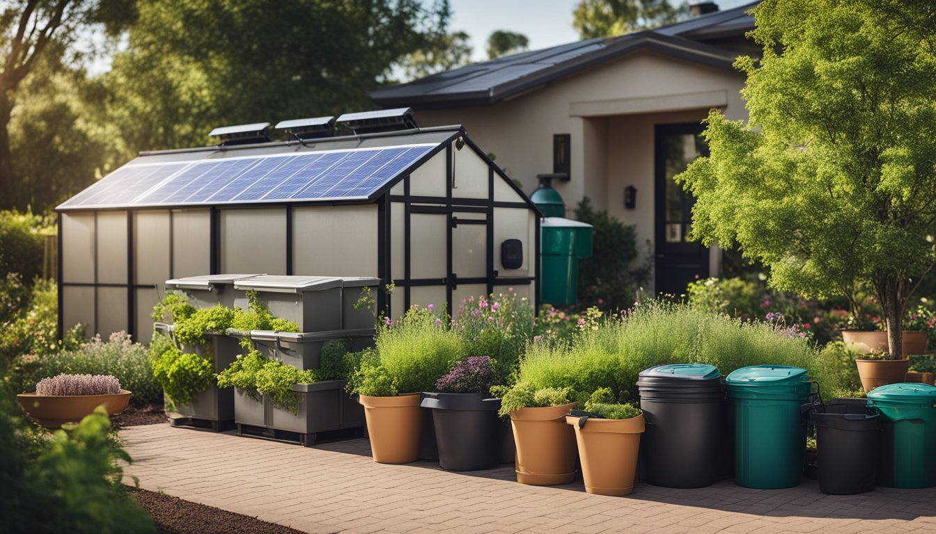 A lush garden with compost bins, rain barrels, and native plants. Solar panels on the roof and a water-saving irrigation system