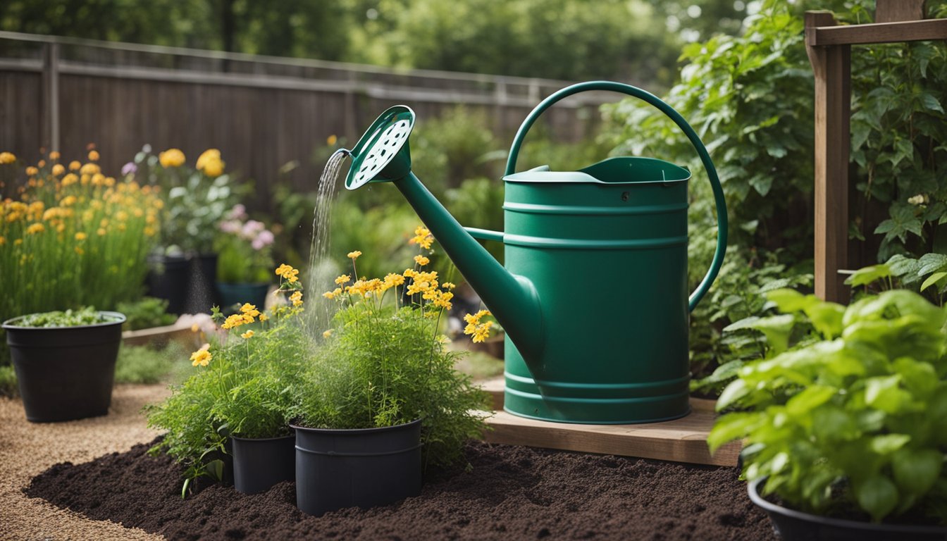 A lush garden with compost bins, rain barrels, and native plants. A person mulches and waters using a watering can and a hose with a water-saving attachment