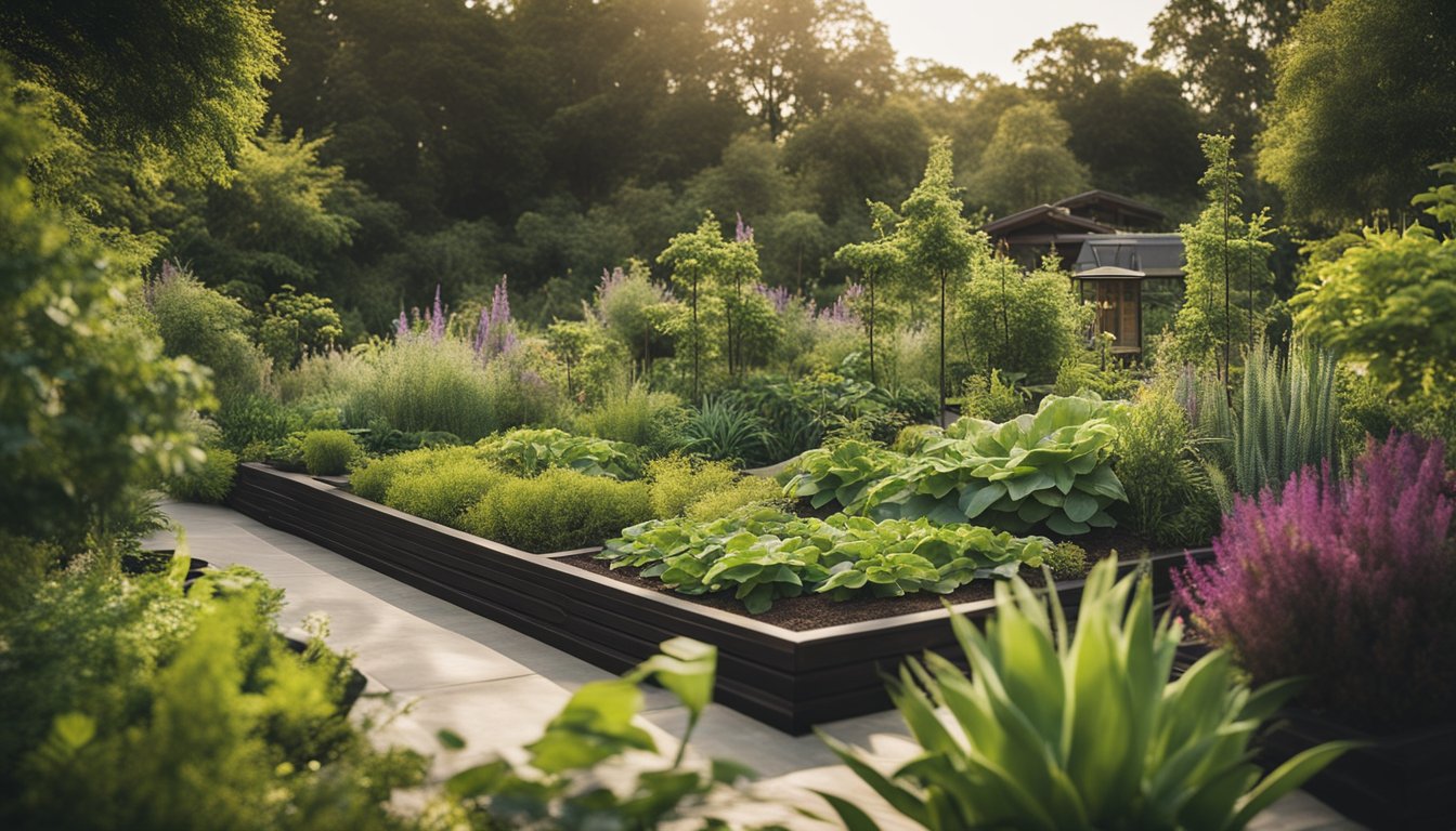 A lush garden with a variety of eco-friendly techniques such as composting, rainwater harvesting, and natural pest control. Native plants and wildlife thrive in the sustainable environment