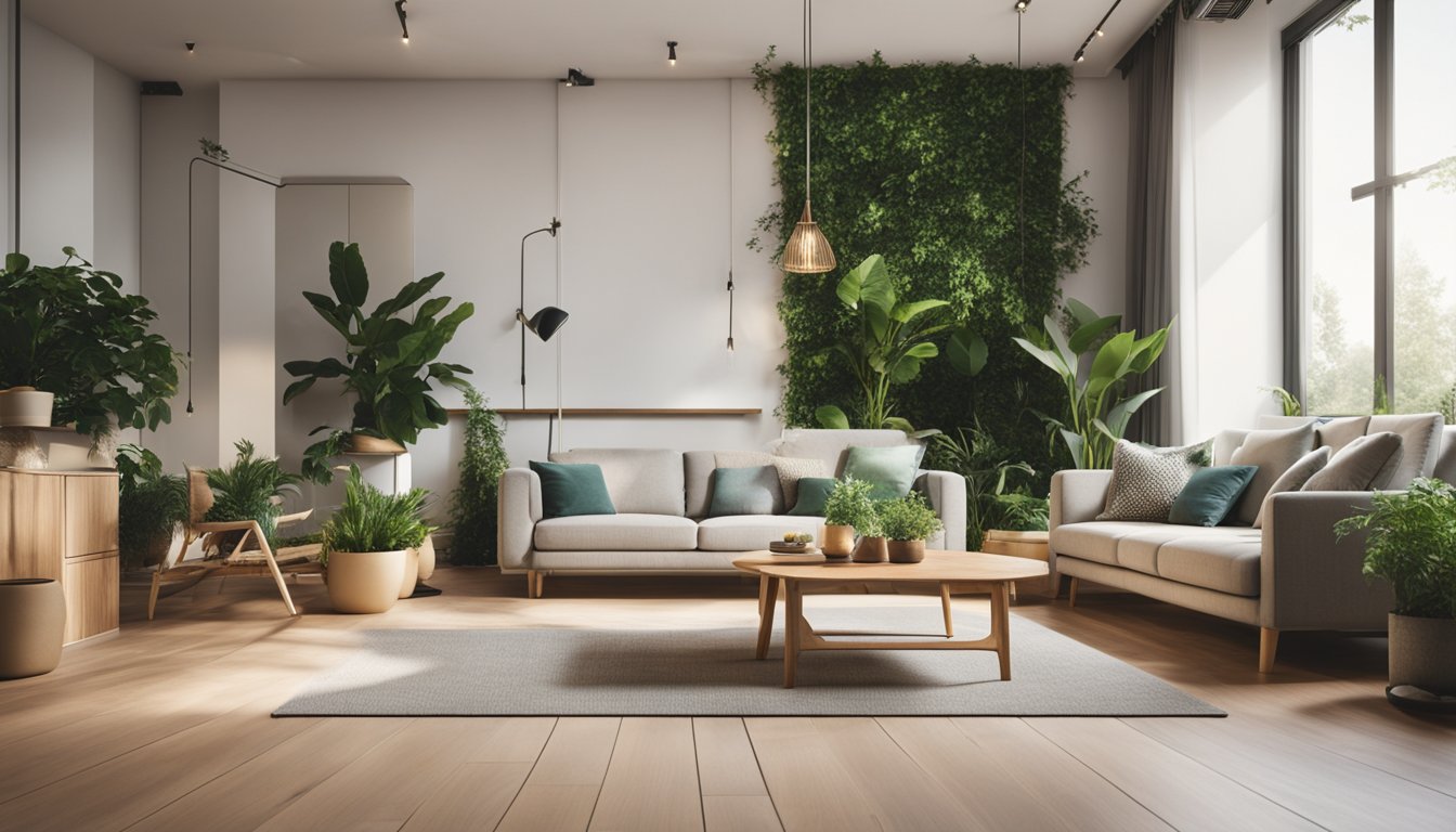 A modern living room with eco-friendly flooring made from recycled materials, surrounded by plants and natural light