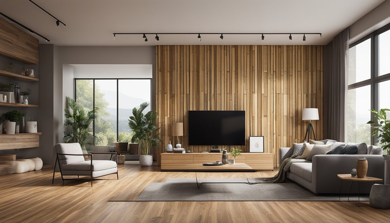 A modern living room with bamboo flooring, a reclaimed wood accent wall, and large windows letting in natural light