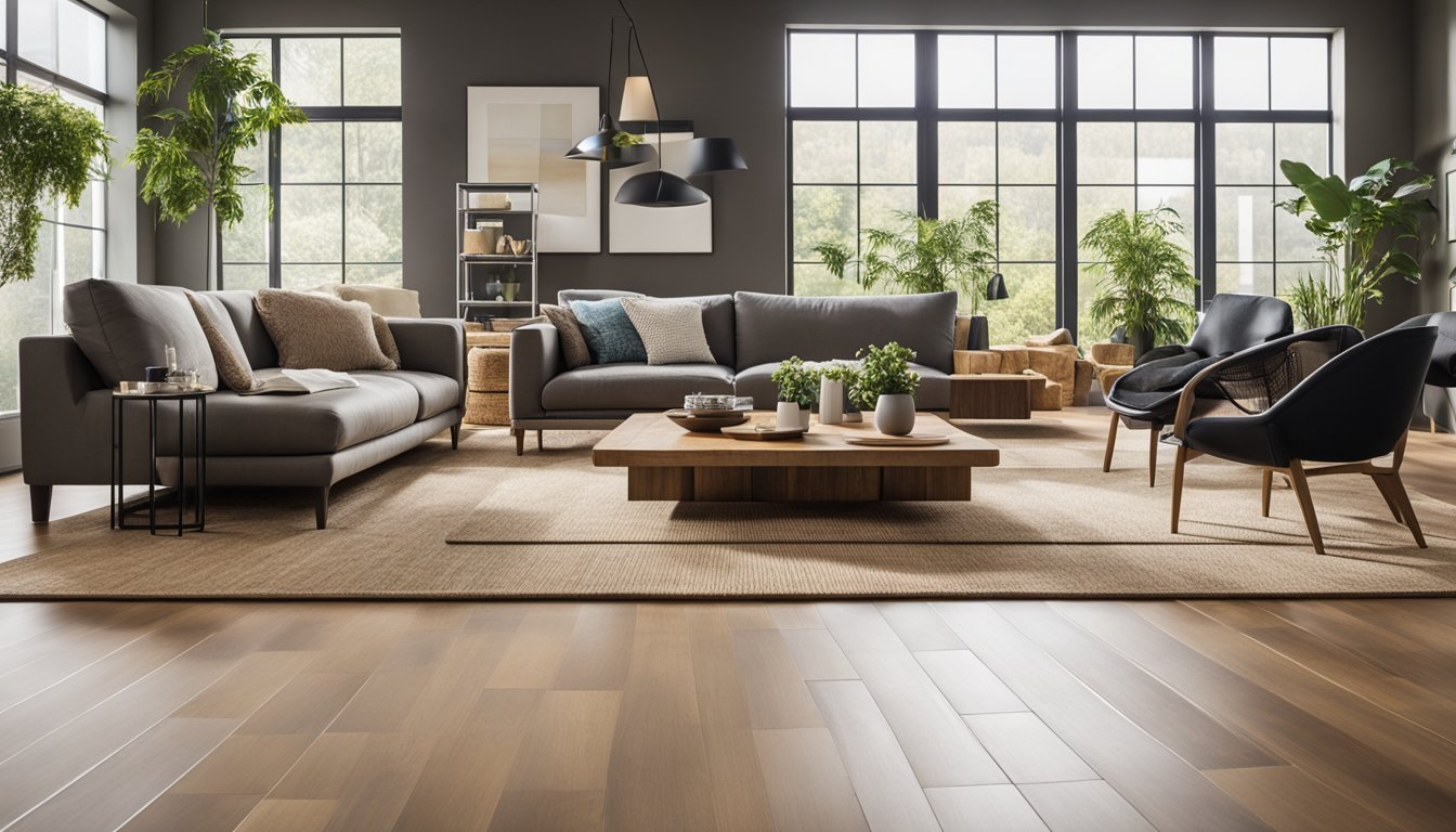 A modern living room with various sustainable flooring options, including bamboo, cork, and reclaimed wood, showcased in a sleek and innovative way