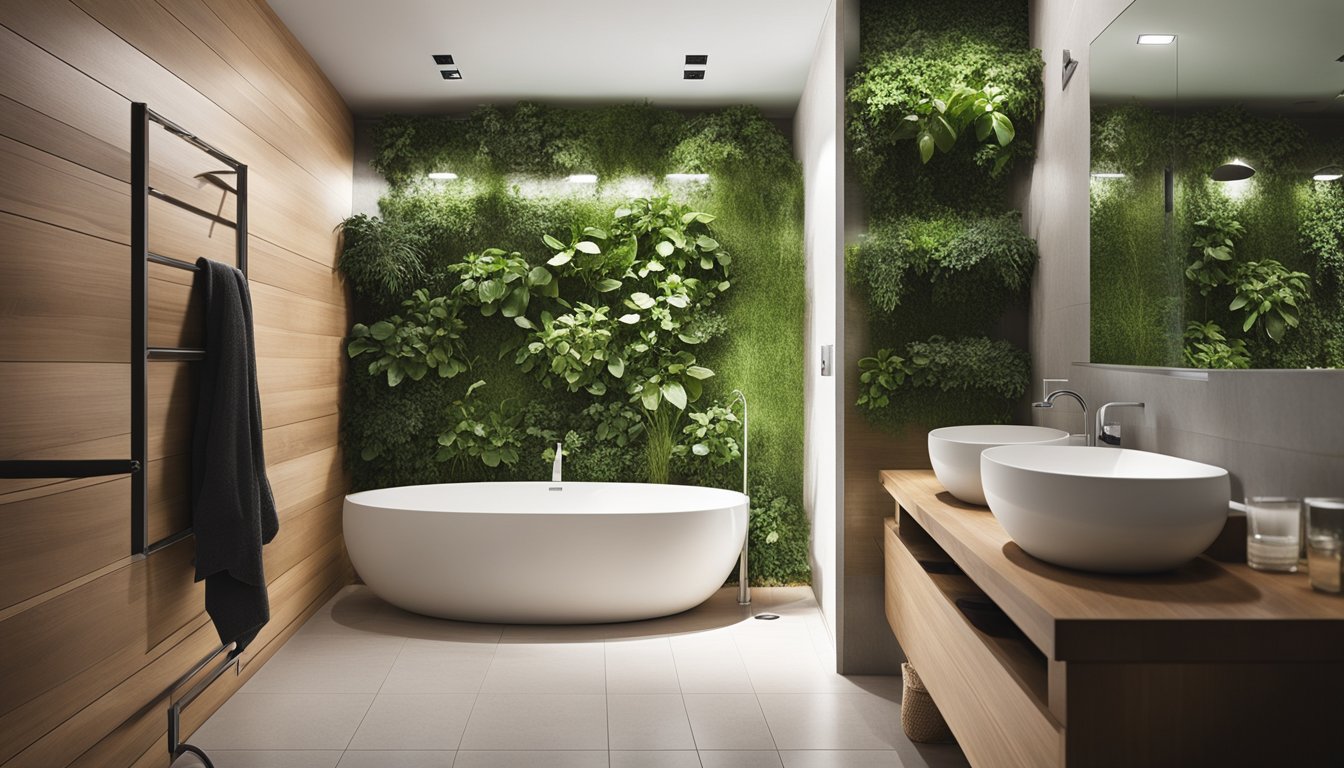 A modern bathroom with sustainable materials, natural light, and water-saving fixtures. A living wall adds greenery, while a rainwater collection system conserves water