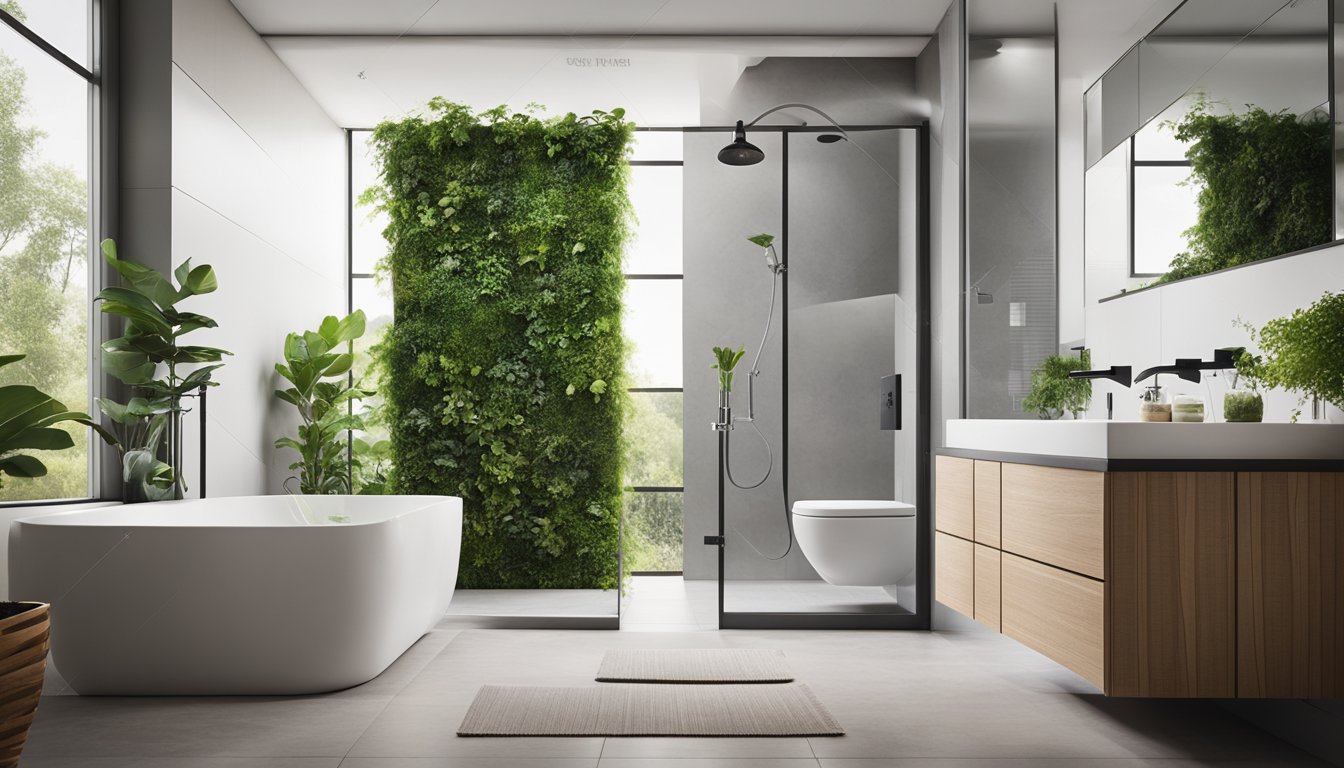 A modern bathroom with natural materials, energy-efficient fixtures, and a living plant wall. A rainwater collection system and solar panels are visible outside