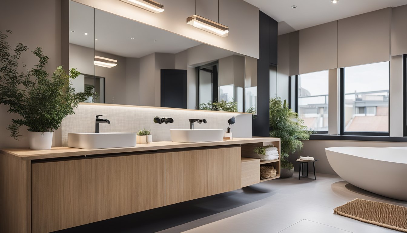 A modern bathroom with eco-friendly features like low-flow fixtures, sustainable materials, and natural lighting