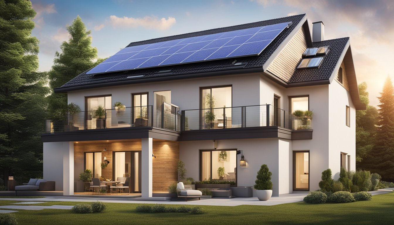 A cozy home with insulated windows, LED bulbs, and programmable thermostat. Solar panels on the roof and a smart energy monitor