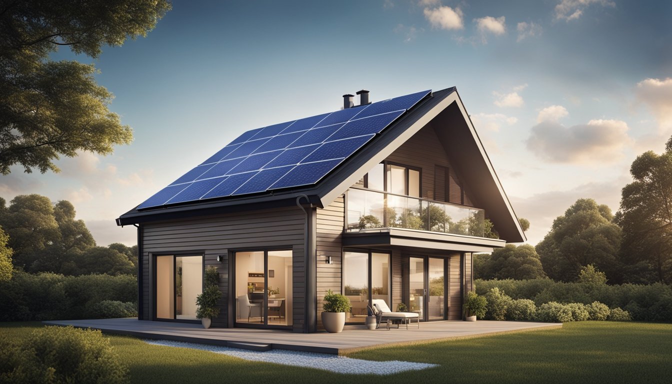 A modern, well-insulated home with solar panels on the roof, energy-efficient appliances, and smart home technology controlling heating and lighting