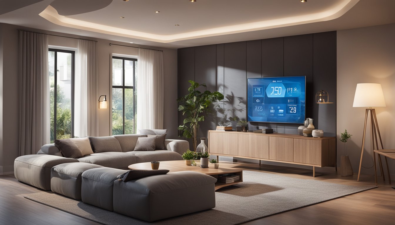 A cozy living room with energy-efficient appliances, LED lighting, and well-insulated windows. A smart thermostat and solar panels are visible