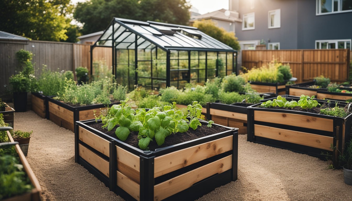 A small urban garden with raised beds, compost bins, and a rainwater collection system. Native plants and a variety of vegetables grow in the space