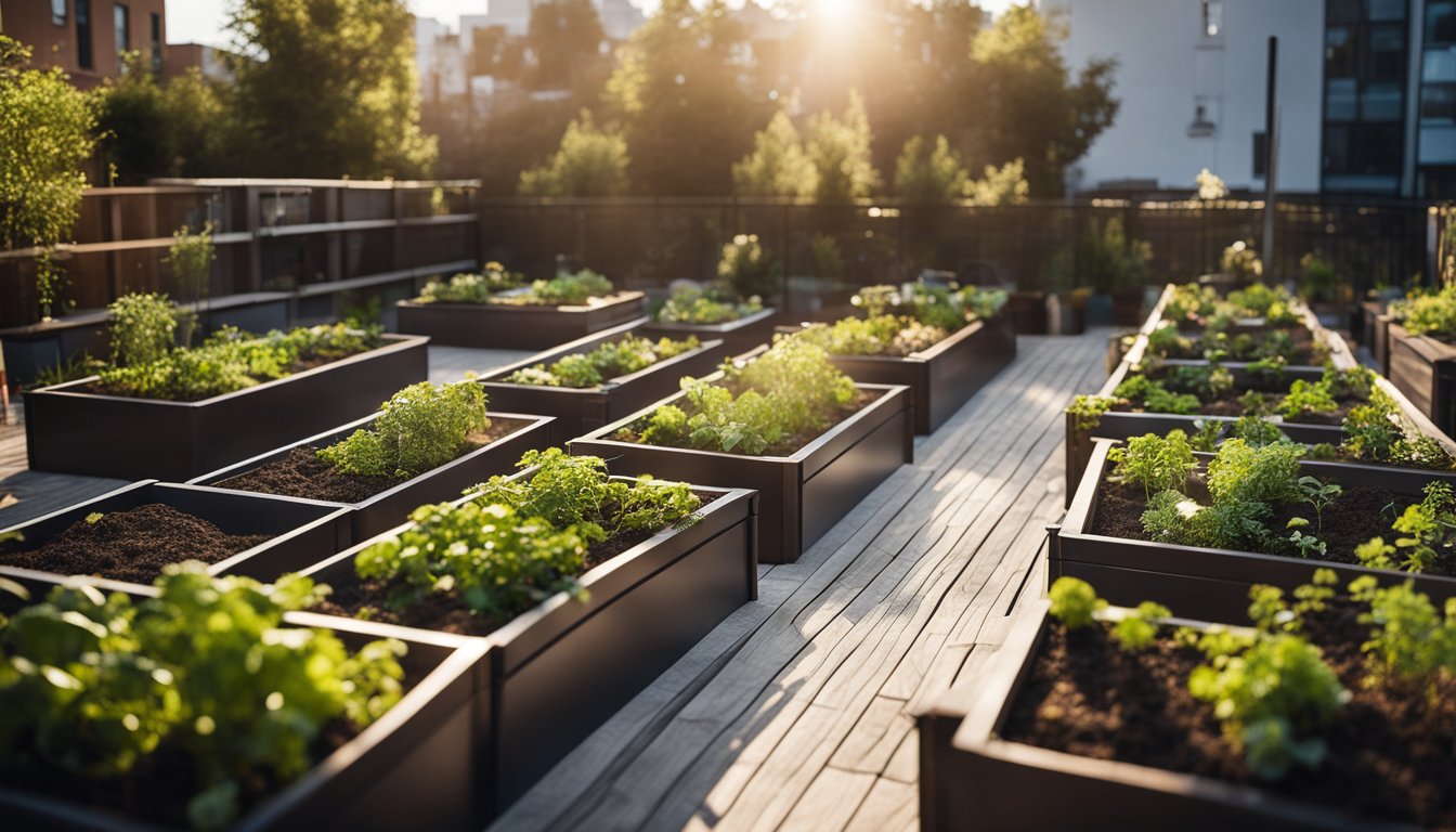 A small urban garden with raised beds, vertical planters, and a composting area. Solar-powered lights illuminate the space, and a rainwater collection system is integrated into the design