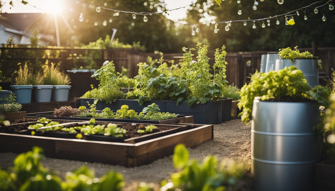 A small urban garden with raised beds, compost bins, and vertical planters. Solar-powered lights illuminate the space, and a rain barrel collects water