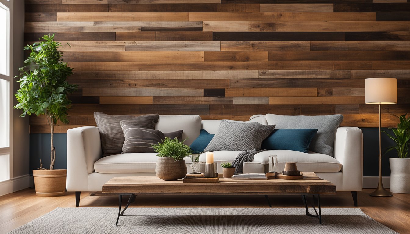 A cozy living room with a reclaimed wood accent wall, a coffee table made from old barn wood, and a rustic shelf made from salvaged timber