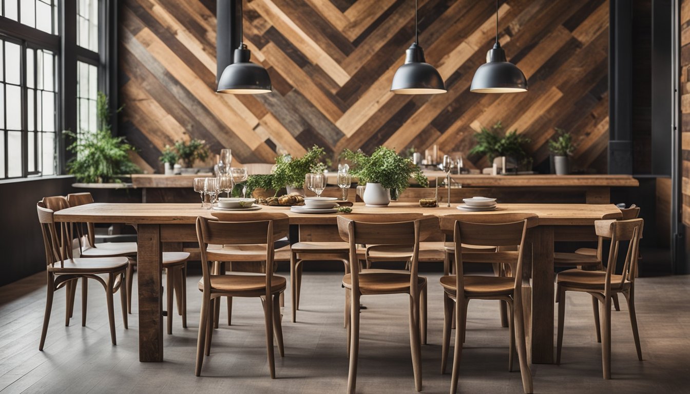 A rustic dining table made from reclaimed wood, surrounded by mismatched chairs, set against a backdrop of a reclaimed wood accent wall