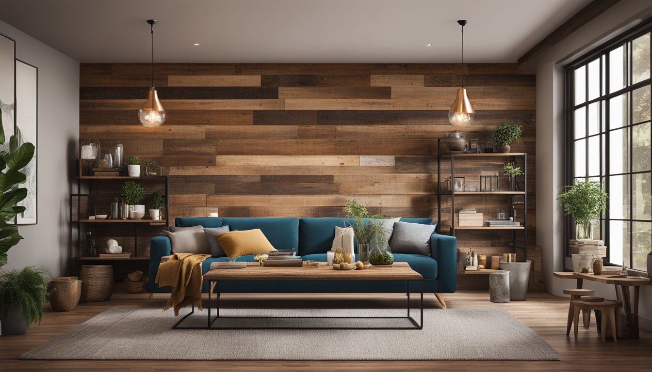 A cozy living room with a reclaimed wood accent wall, a dining table made from salvaged wood, and shelves crafted from old barn boards