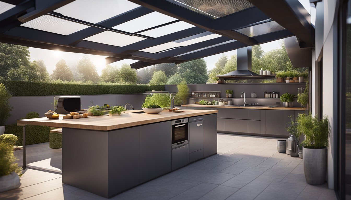 A modern kitchen with energy-efficient appliances, LED lighting, and smart storage solutions. Solar panels on the roof and a composting area in the backyard