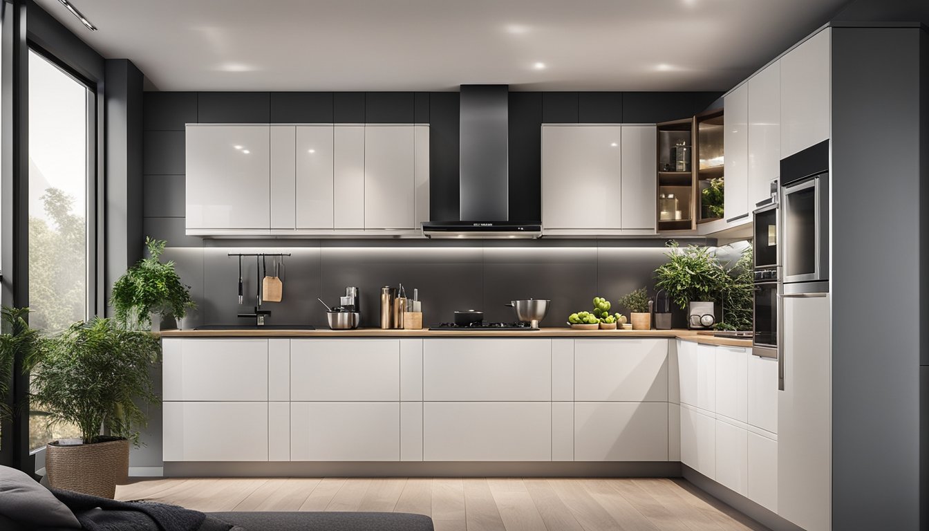 A modern kitchen with energy-efficient appliances, LED lighting, and smart technology for optimal energy usage