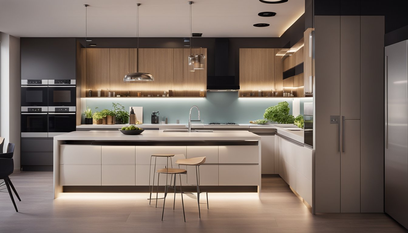 A modern kitchen with energy-efficient appliances, LED lighting, and smart storage solutions. Eco-friendly materials and a sleek design create a functional and sustainable space