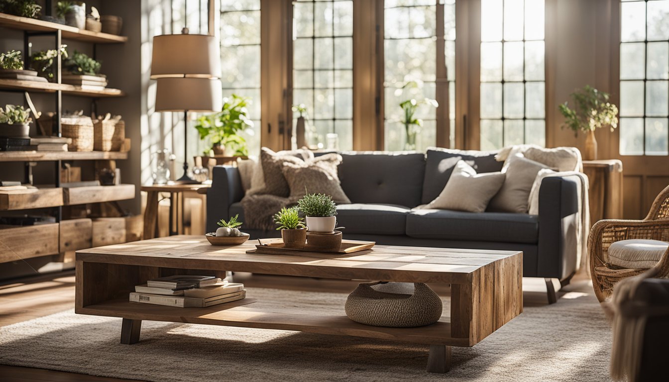 A cozy living room with reclaimed wood furniture and decor, including a coffee table, shelves, and wall art. Sunlight streams in through large windows, casting warm, natural light on the space