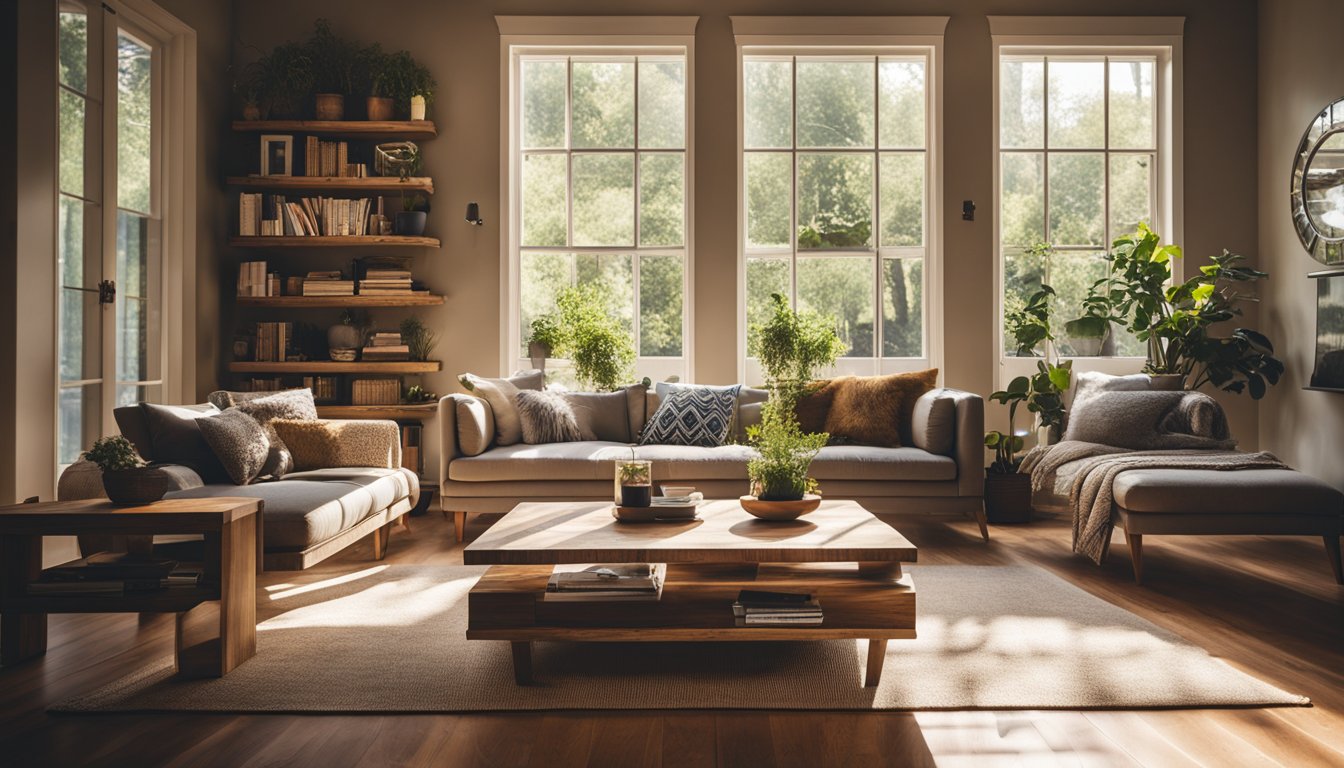 A cozy living room with a reclaimed wood coffee table, shelves, and wall art. Sunlight streams in through the window, highlighting the natural beauty of the wood