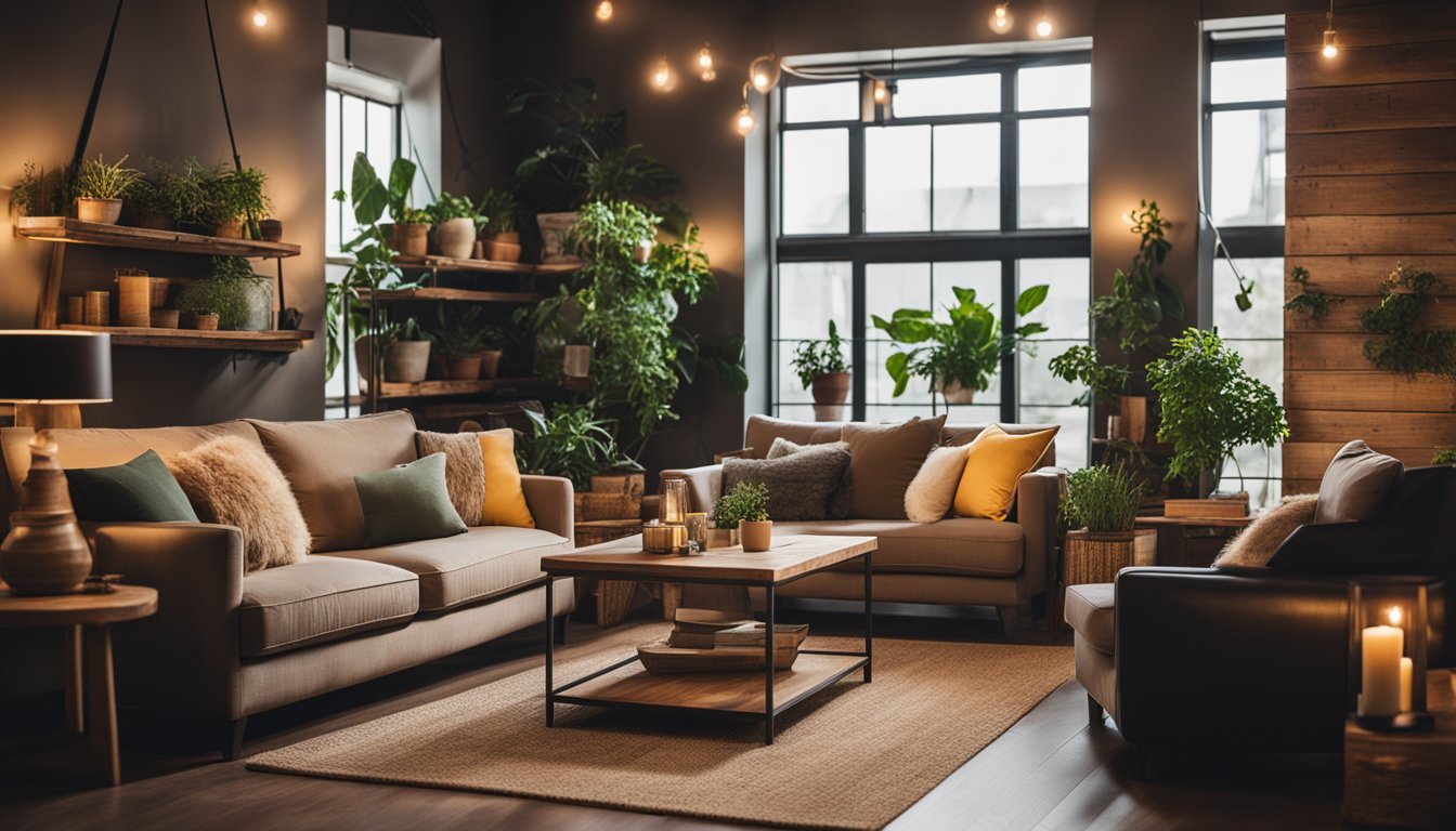 A cozy living room with reclaimed wood furniture, shelves, and decor. Warm lighting and plants add to the inviting atmosphere