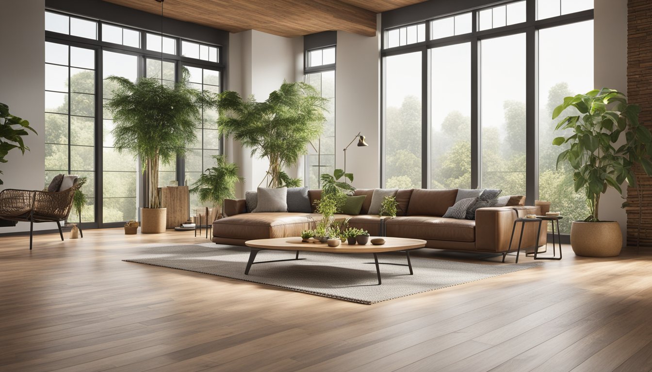 A modern living room with eco-friendly flooring materials like bamboo, cork, or reclaimed wood. Large windows bring in natural light, and indoor plants add a touch of greenery