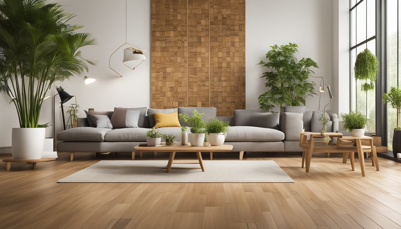 A modern living room with eco-friendly flooring options. Bamboo, cork, and reclaimed wood samples displayed with plants and natural light