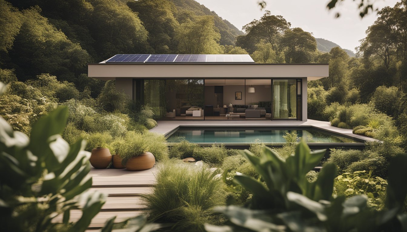 A modern eco-friendly home painted in earthy tones, surrounded by lush greenery and solar panels on the roof