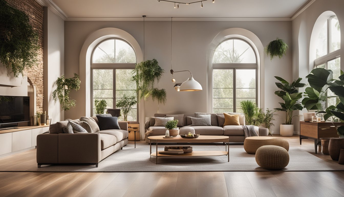 A cozy living room with earthy tones and natural light, showcasing modern eco-friendly paint ideas on the walls and furniture