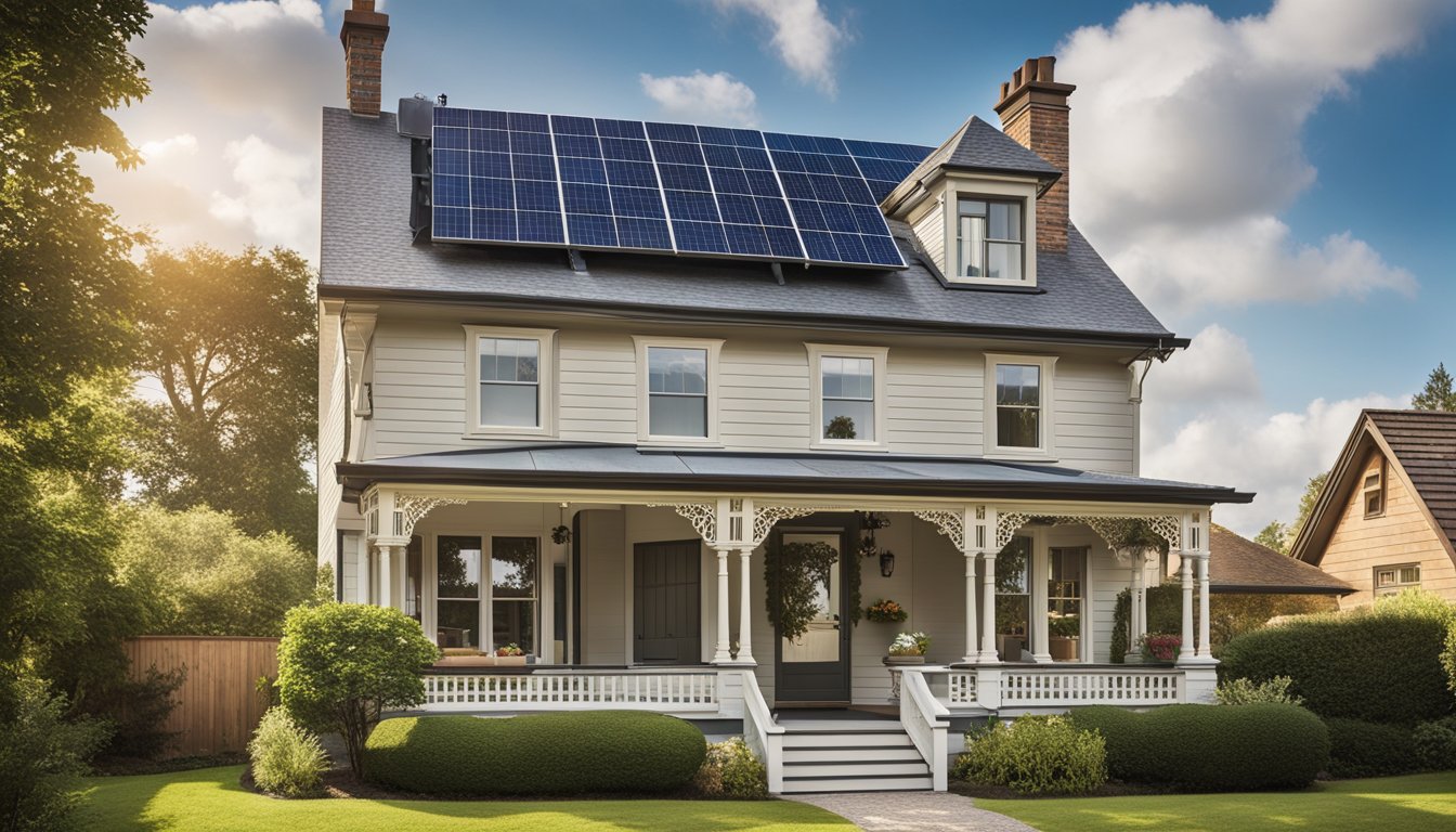 A Victorian home with updated insulation, energy-efficient windows, and solar panels on the roof. LED lighting and smart thermostats are installed throughout