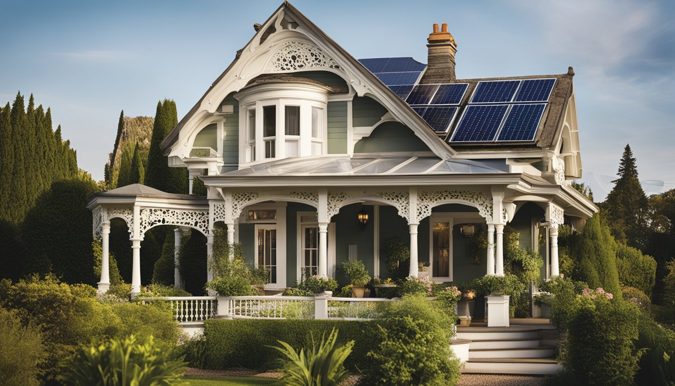 A Victorian home with updated energy-efficient features, surrounded by a lush garden and solar panels on the roof