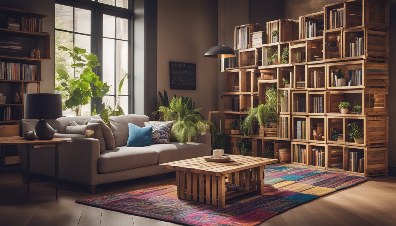 A cozy living room with a bookshelf made of stacked wooden crates, a coffee table crafted from repurposed pallets, and a colorful rug woven from recycled fabric scraps