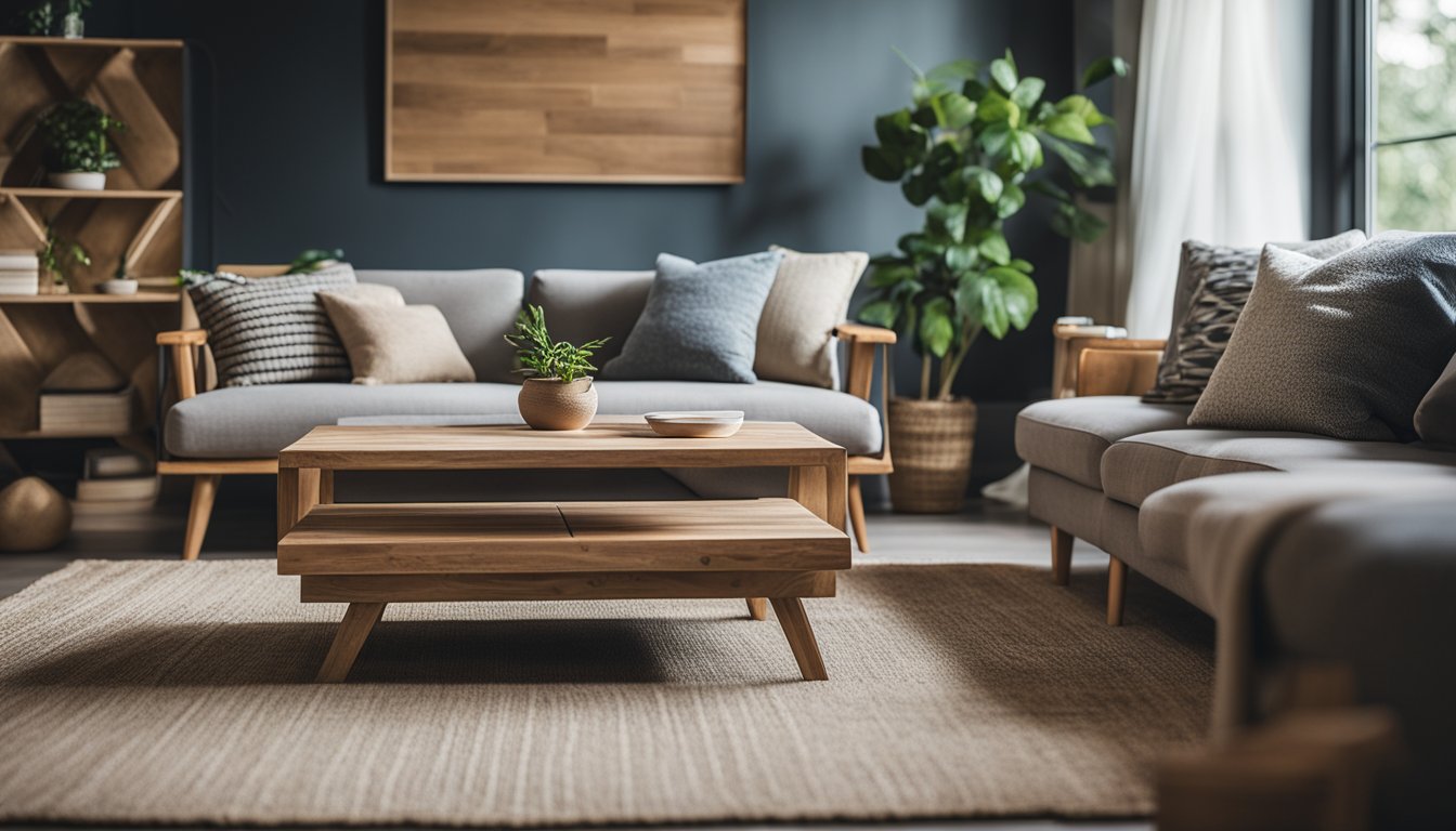 A cozy living room with furniture made from recycled materials, such as a coffee table crafted from reclaimed wood and a rug woven from recycled plastic