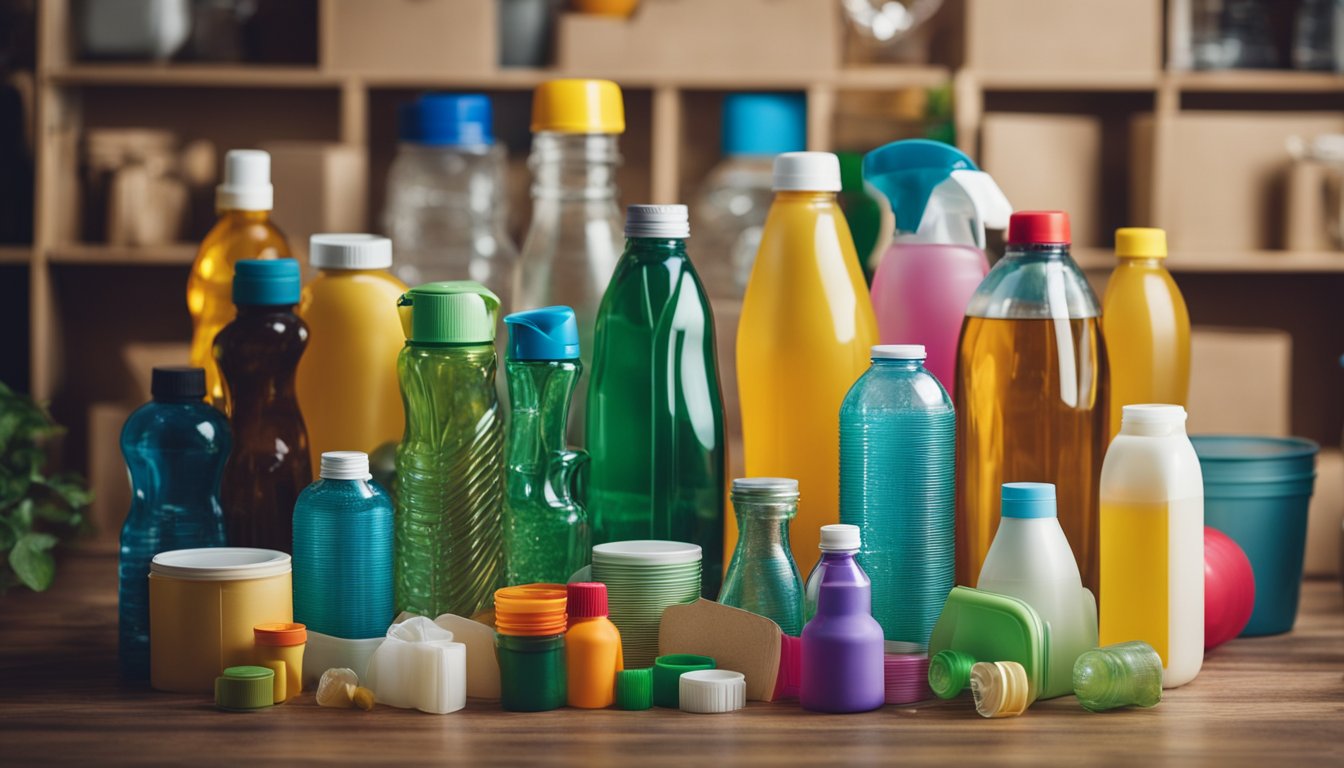 A colorful array of household items made from recycled materials, such as plastic bottles, paper, and cardboard, creatively repurposed for various uses around the home