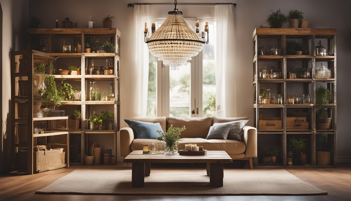 A cozy living room with shelves made from repurposed wooden crates, a coffee table crafted from an old door, and a chandelier made from recycled glass bottles