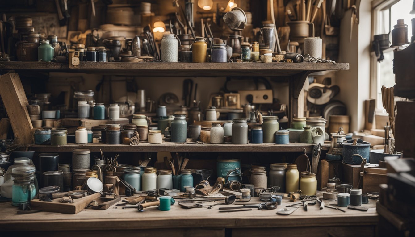 A cluttered workshop filled with old furniture, vintage trinkets, and discarded materials. A table covered in paint, glue, and tools, surrounded by finished upcycled home decor items displayed on shelves and hooks