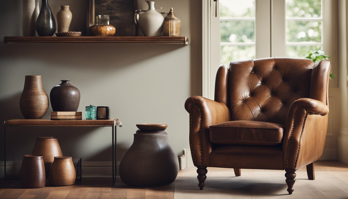 A cozy living room with a mix of vintage and modern decor. A worn leather armchair sits next to a mid-century side table, while antique vases and trinkets adorn the shelves