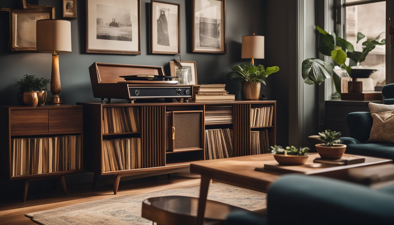 A cozy living room with antique furniture, vintage artwork, and retro accents. A record player sits on a mid-century sideboard, surrounded by old books and classic vinyl records