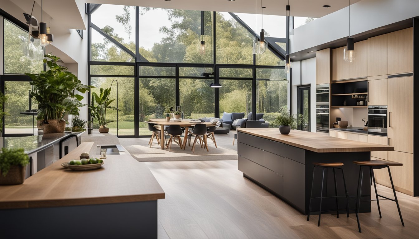 A modern, eco-friendly home with versatile, stylish spaces. Incorporating natural materials, efficient fixtures, and innovative design elements for a sustainable renovation in 2024